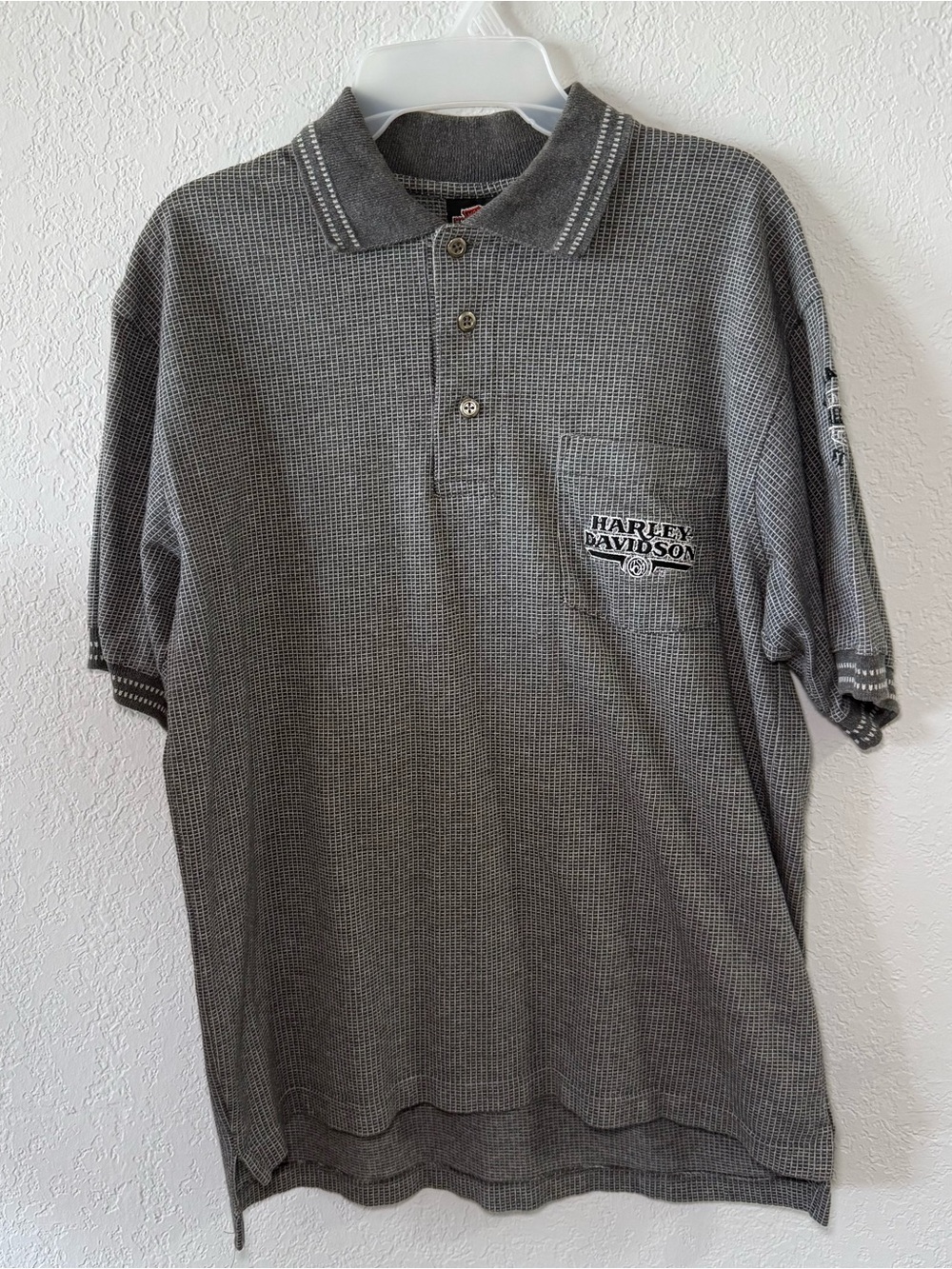 Harley Davidson Mens M Gray Waffle Knit Pocket Polo Shirt Embroid